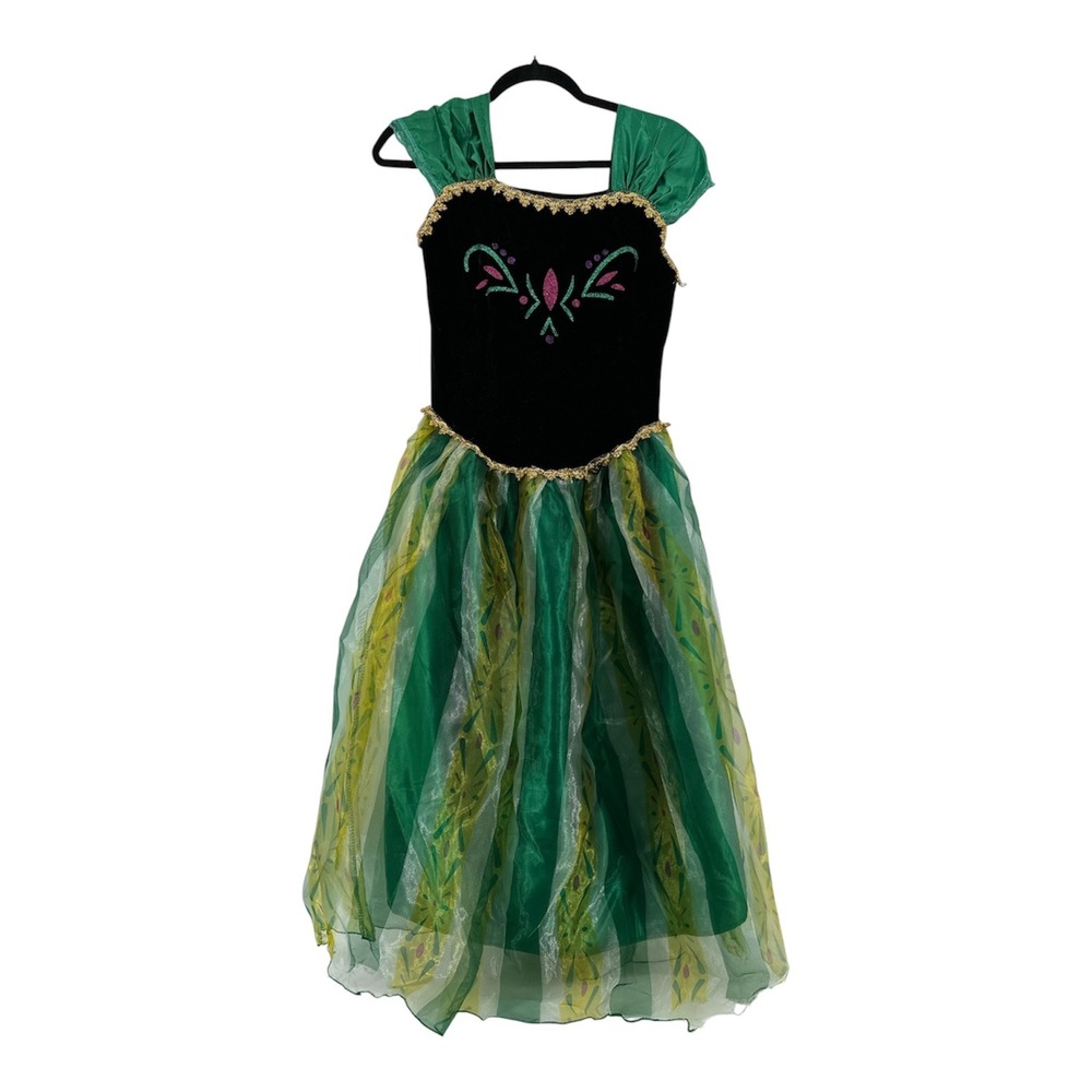 Disney Frozen Anna Coronation Costume Dress Green Black Velvet Gold Trim
